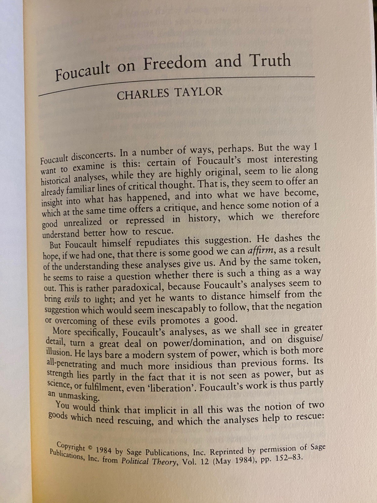 Foucault : A Critical Reader 1986 paperback VGC