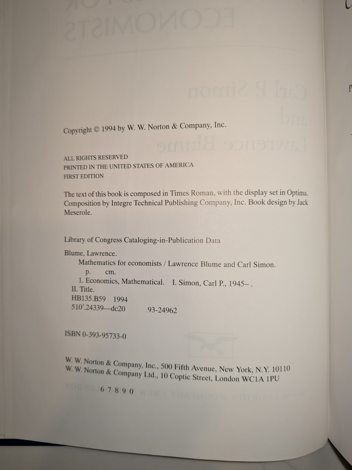 Mathematics for Economists – Carl P. Simon & Lawrence Blume – 1994 – Hardcover