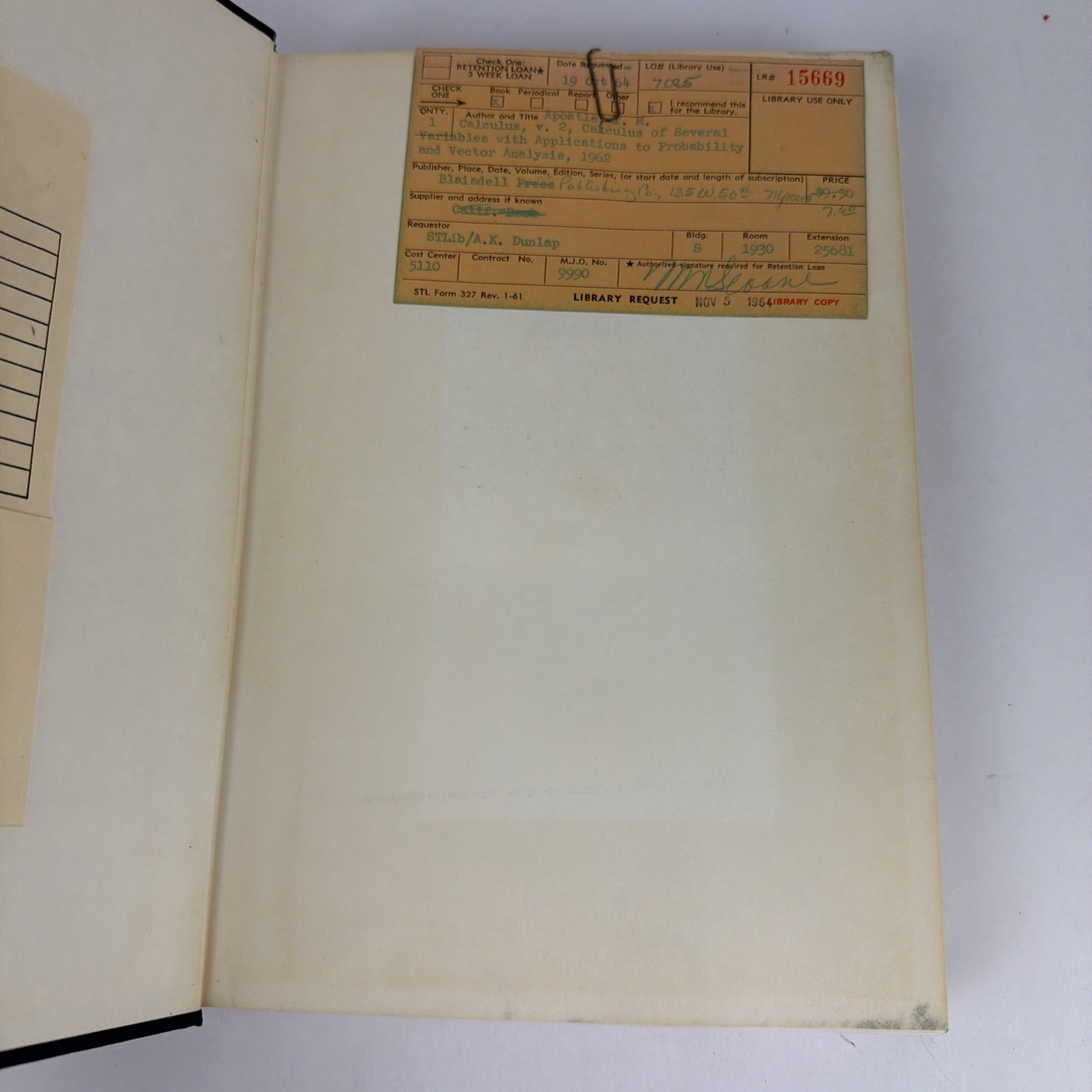 Calculus Vol 2 Apostol 1st Ed 1962 2nd Print Space Tech Labs STL Library History