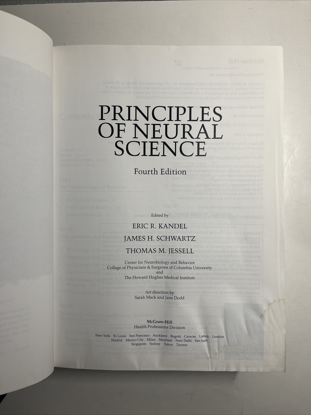Principles of Neural Science Fourth Edition Eric Kandel Hardback Textbook 2000