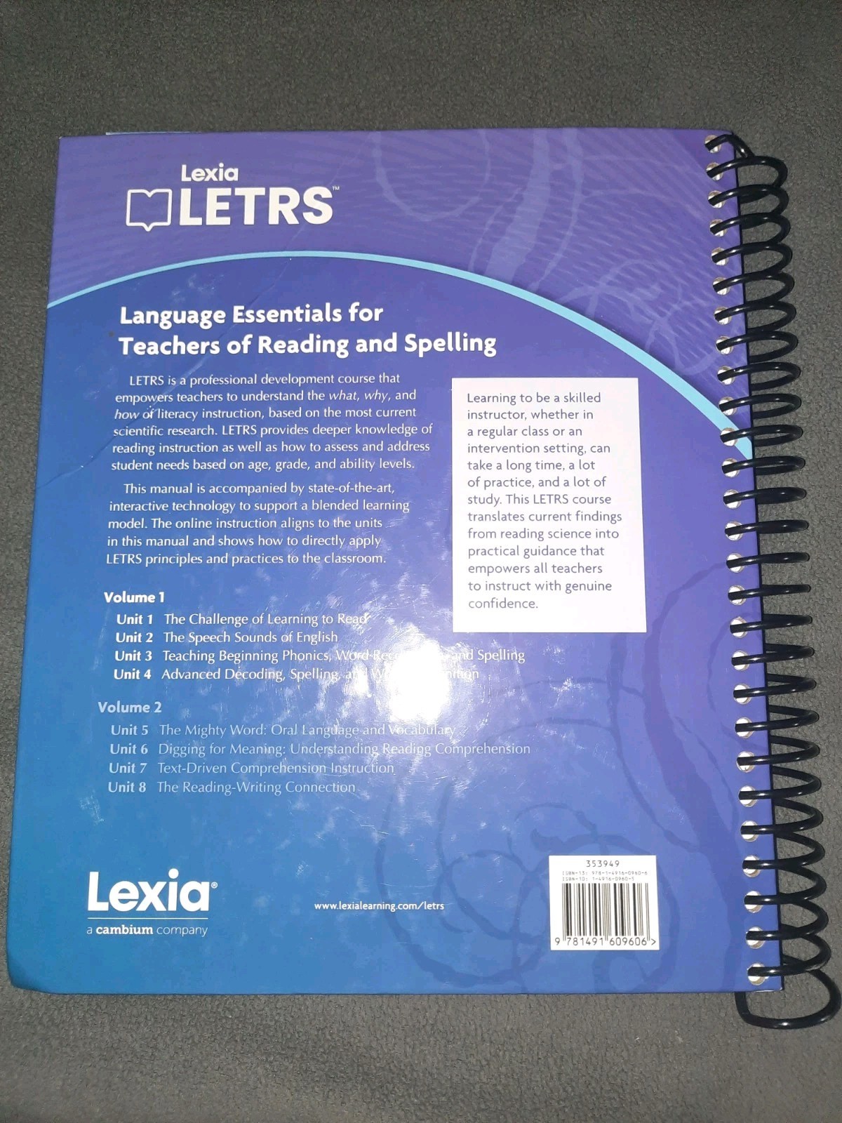 Lexia LETRS Volume 1 Units 1-4 Spiral Bound Textbook, Moats & Tolman