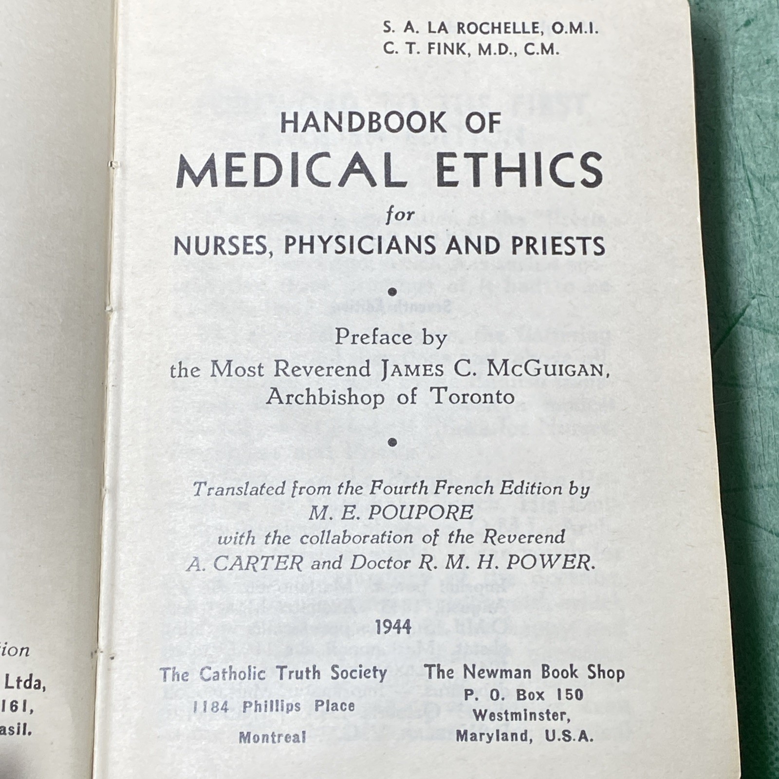 HandBook Of Medical Ethics For NURSES, PHYSICIANS AND PRIESTS – Copyright 1944