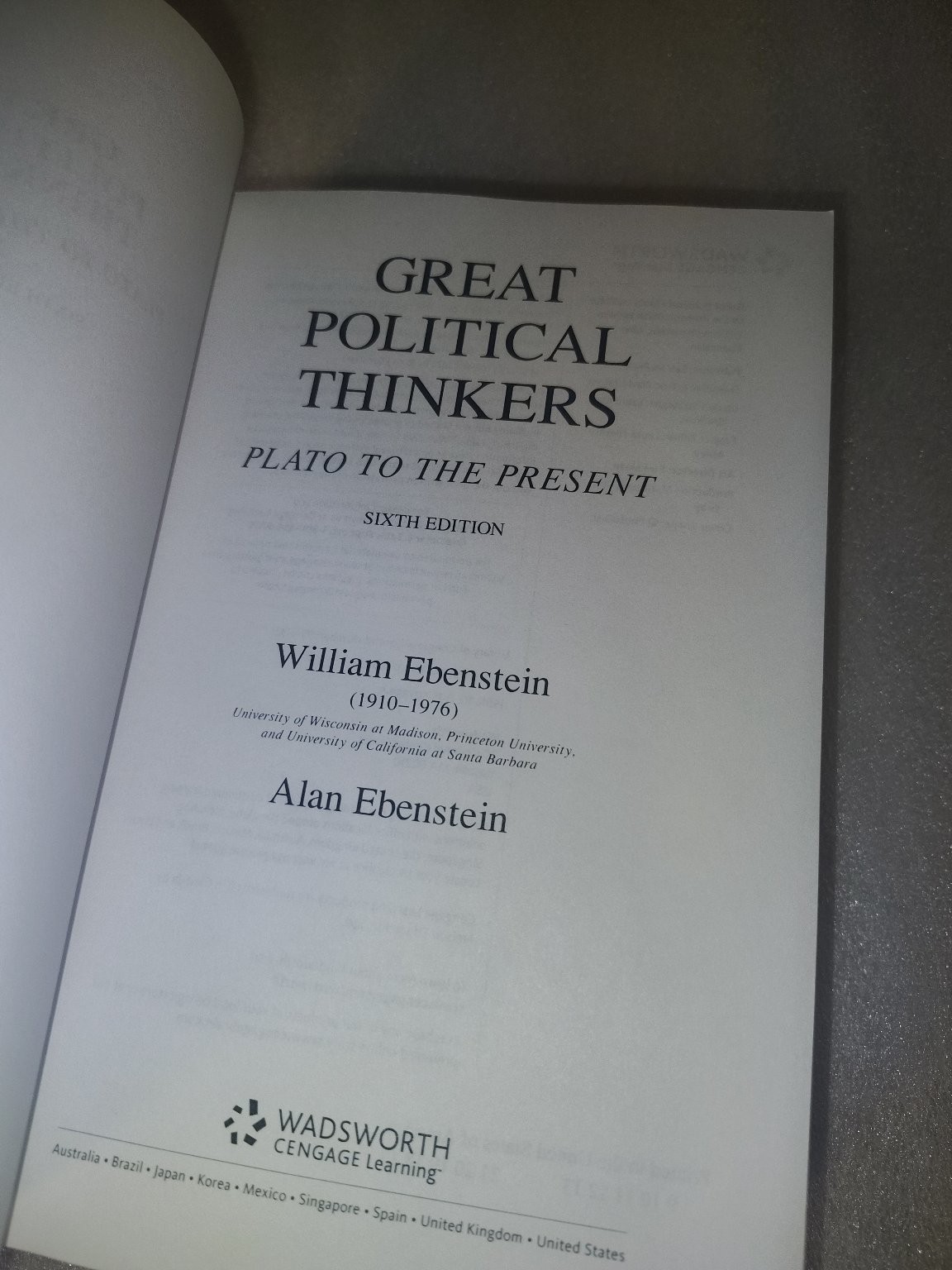 Great Political Thinkers Plato to Present Ebenstein 2000 6th Ed Wadsworth