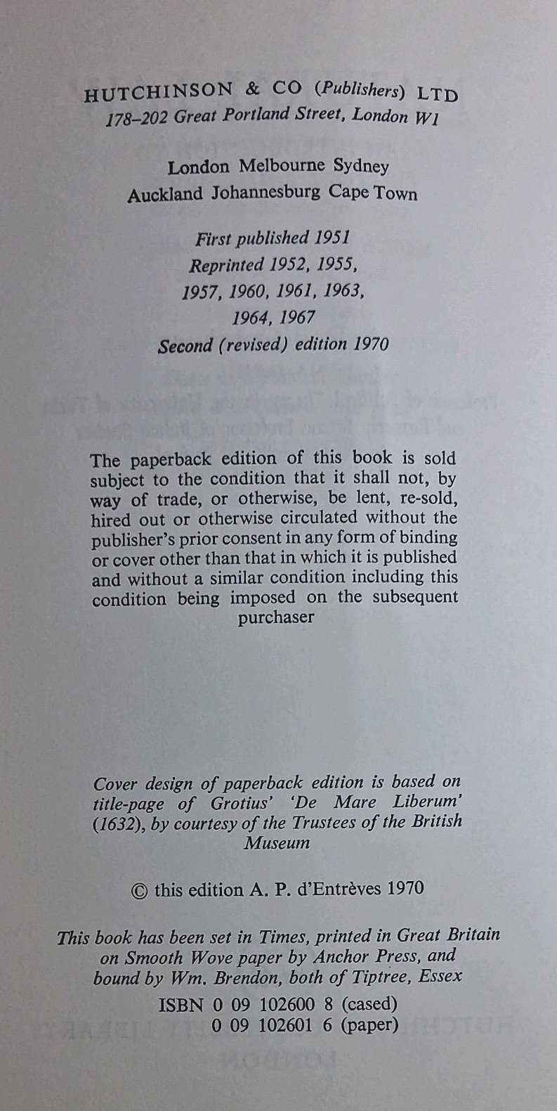 Natural Law A.P. d’Entrèves Paperback 1970 2nd Revised Edition Philosophy