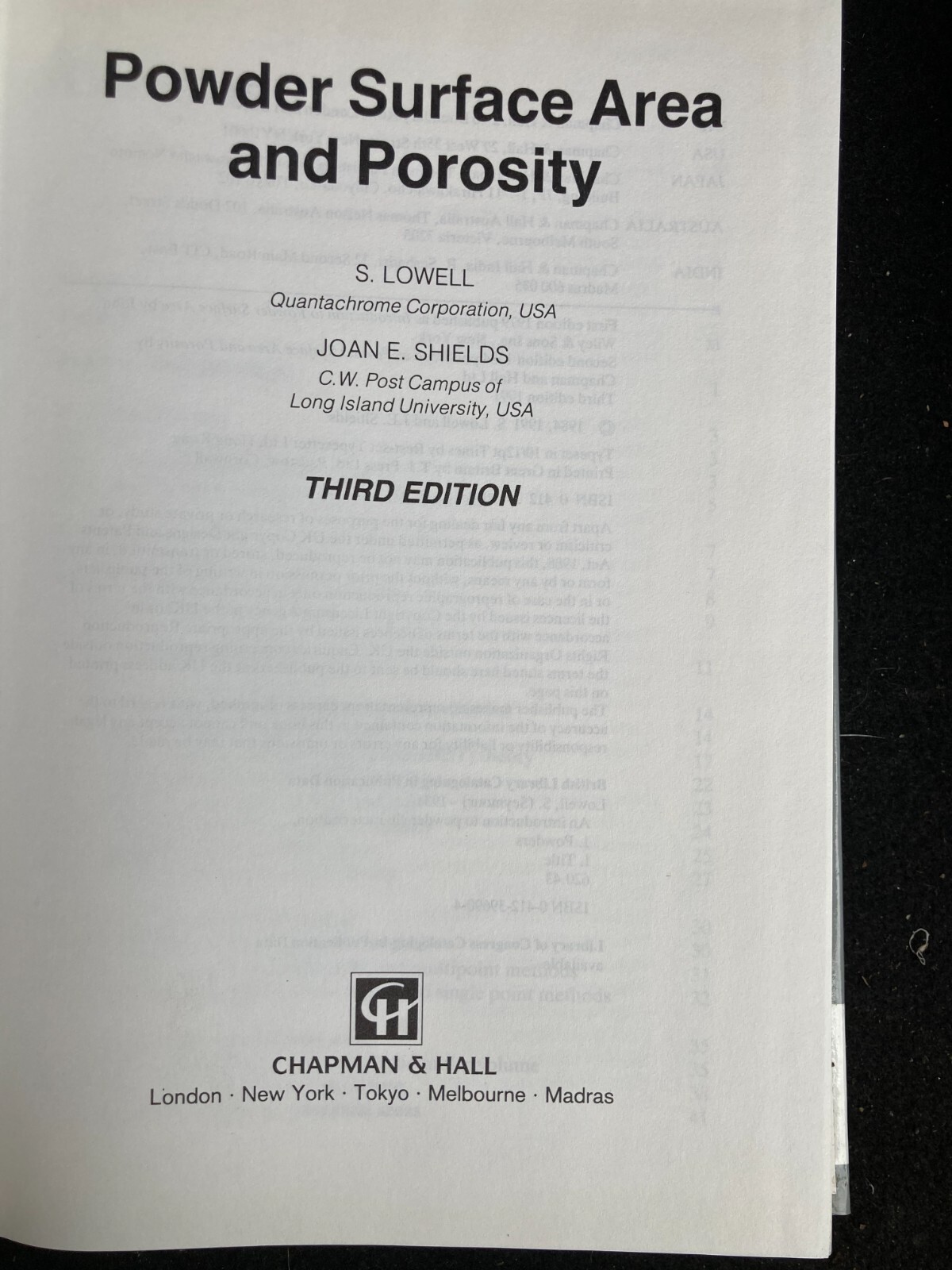 Powder Surface Area and Porosity – Shields & Lovell – 3rd edition Hardback