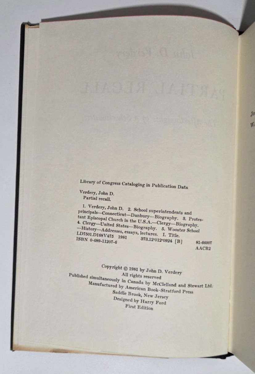 Partial Recall | John D. Verdery | 1st Edition 1981 HCDJ Scribner
