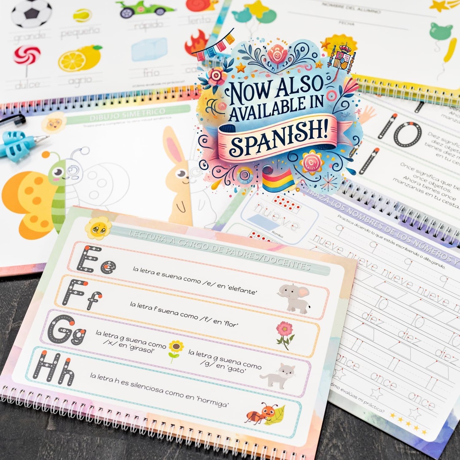 Grooved Handwriting Practice Books for Kids 3 to 8 in Spanish, Reusable Letter