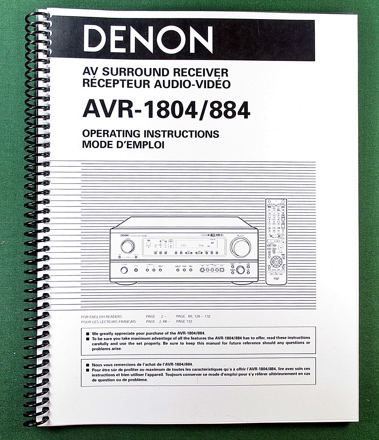 Denon AVR-1804 Instruction Manual: 65 Pages & Protective Covers!