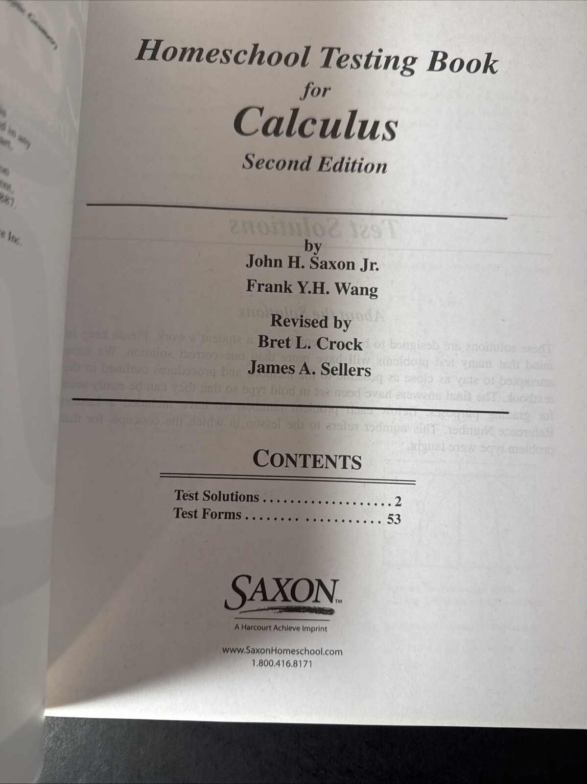 Saxon Calculus (2nd ed) Homeschool testing Book (tests & Test Solutions)