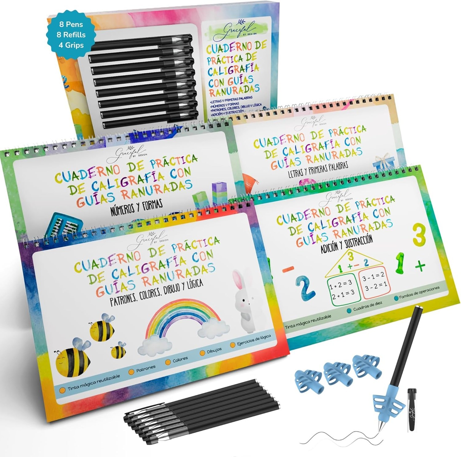 Grooved Handwriting Practice Books for Kids 3 to 8 in Spanish, Reusable Letter