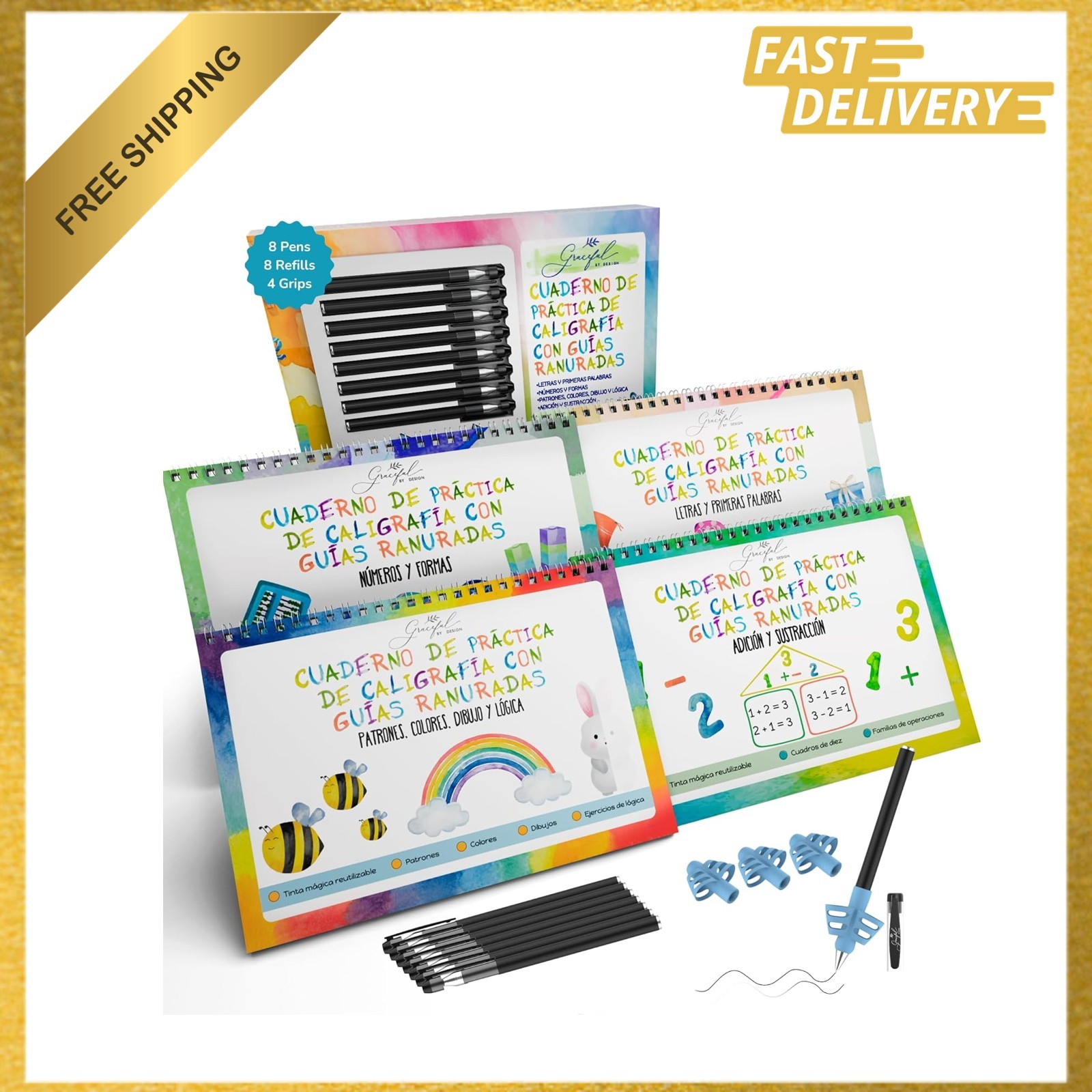Grooved Handwriting Practice Books for Kids 3 to 8 in Spanish, Reusable Letter